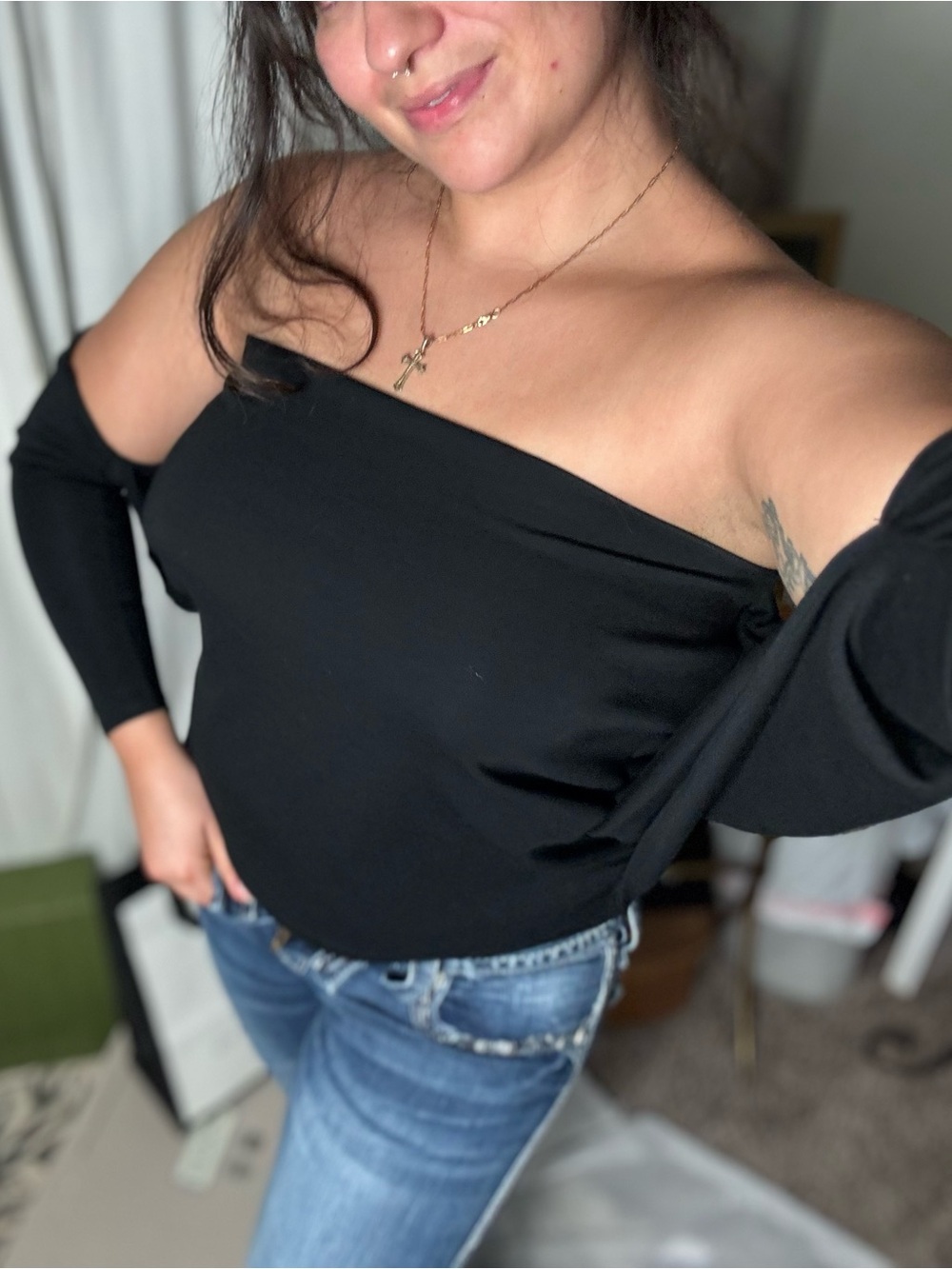 Y2k Vintage Bebe Off-Shoulder Black Top Regina costume cosplay batwing
